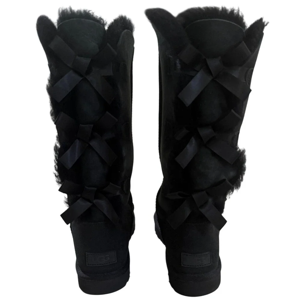 UGG Bailey‎ Bow Tall II Black Suede Sheepskin Boots 1016434 Womens 9